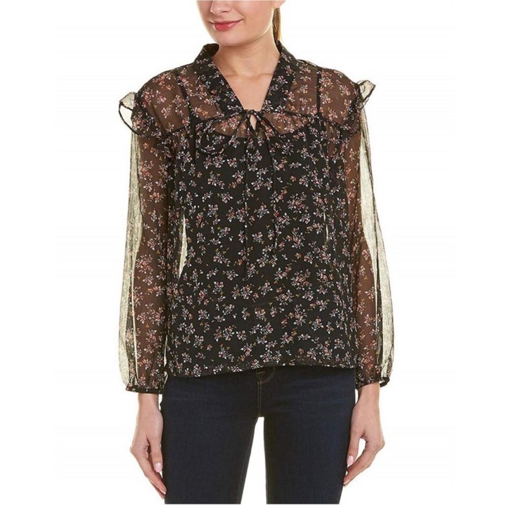 NWT Vince Camuto Black Floral Blouse with Sheer Sleeves (NWT1)